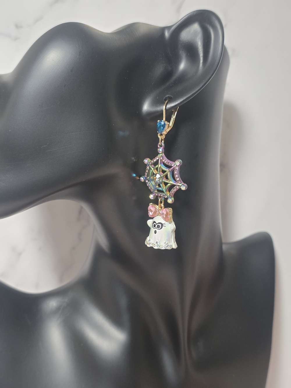 Betsey Johnson - Gold Tone Multicolor Ghost & Spiderweb Dangle Earrings